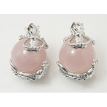 Natural Rose Quartz Pendants, with Brass Findings, Dragon with Round, Pink, 27x22mm, Hole: 5mm