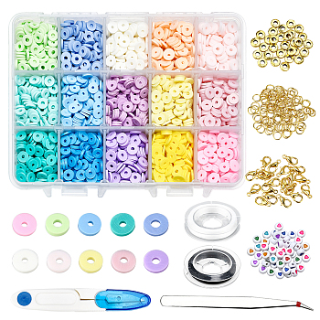 DIY Jewelry Making Kits, Including Nbeads Handmade Polymer Clay Beads, Sewing Scissors, 304 Stainless Steel Beading Tweezers, Iron Open Jump Rings, Opaque Acrylic Beads, Elastic Beading Thread, Zinc Alloy Lobster Claw Clasps, Mixed Color, 6x1mm, hole: 1.5~2mm, 10g/style, 10g(about 280~292pcs)