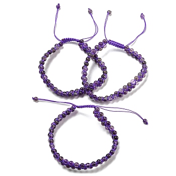 Adjustable Round Natural Amethyst Braided Bead Bracelets for Women, Inner Diameter: 2-1/2~5-1/8 inch(6.2~13cm), 9mm