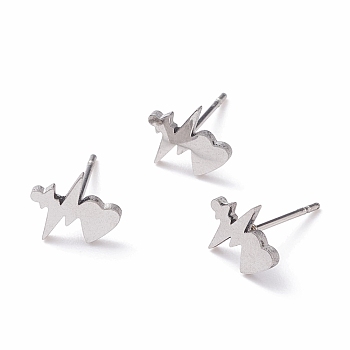 Unisex 304 Stainless Steel Stud Earrings, Heartbeat, Stainless Steel Color, 9x10mm, Pin: 1mm