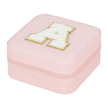 Square Imitation Leather Jewelry Storage Zipper Boxes, Portable Travel Pink Jewelry Organizer Case for Rings, Earrings, Necklaces, Bracelets Storage, Letter A, 10x10x5cm