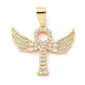 Brass Micro Pave Cubic Zirconia Pendants, Long-Lasting Plated, Angel, Golden, 27.5x33x3.5mm, Hole: 9.5x4.5mm