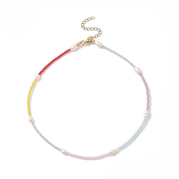 Glass Seed Bead & Natural Cultured Freshwater Pearl Beaded Necklaces for Women, with Stainless Steel Findings, Colorful, 14.29 inch(36.3cm), 2.5mm