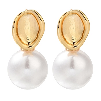 Brass ABS Imitation Pearl Stud Earrings for Women, Round, Real 18K Gold Plated, 25.5x12mm