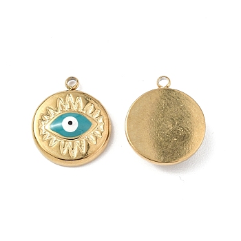 Vacuum Plating 201 Stainless Steel Enamel Pendants, Flat Round with Evil Eye Charm, Real 18K Gold Plated, 12.5x10.5x2.5mm, Hole: 1.2mm