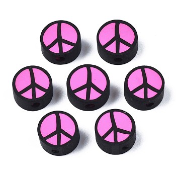 Handmade Polymer Clay Beads, Flat Round with Peace Sign, Hot Pink, 9~10x4.5mm, Hole: 1.6mm