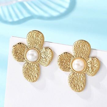 Valentine's Day Flower 304 Stainless Steel Stud Earrings, with ABS Plastic Imitation Pearl, Golden, 33.5x26mm