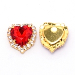 Sew on Rhinestone, Glass Rhinestone, with Light Gold Plated Brass Findings, Garment Accessories, Faceted, Heart, Red, 17x16x7mm, Hole: 0.9mm(GLAA-WH0025-09B)