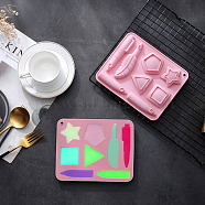 DIY Crayon Food Grade Silicone Molds, Crayon Recycling Mold, Resin Casting Molds, Star, Pentagon, Square, Triangle, Feather, Pen, Pink, 181x145x14mm, Hole: 6.5mm, Inner Diameter: 42~103x18~52mm(DIY-B057-09)