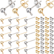 100Pcs 2 Color 304 Stainless Steel Ball Stud Earring Findings, with Loop and 100Pcs Ear Nuts, Golden & Stainless Steel Color, 15x7x4mm, Hole: 1.7mm, Pin: 0.8mm, 50pcs/color(STAS-SP0001-56)