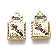 Brass Micro Pave Cubic Zirconia Charms, Nickel Free, Square with Key & Word Love, Colorful, Real 18K Gold Plated, 14x9x1.5mm, Hole: 1.2mm(KK-S348-531-NF)