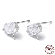 Rhodium Plated 925 Sterling Silver Rectangle Stud Earring Settings, with Micro Pave Clear Cubic Zirconia, for Half Drilled Beads, with S925 Stamp, Real Platinum Plated, 7.5x8mm, Pin: 11x0.8mm and 0.7mm(STER-M115-07P)
