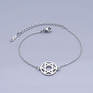 201 Stainless Steel Link Bracelets, for Jewish, with Lobster Claw Clasps, Flat Round with Star of David, Stainless Steel Color, 6-5/8 inch~6-7/8 inch(16.7~17.4cm)(BJEW-T011-JN491-1)