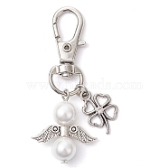 Angel Shell Pearl Pendant Decorations, Alloy Clover and Swivel Lobster Claw Clasps Charms for Bag Ornaments, Antique Silver & Platinum, 54mm(HJEW-JM02555)