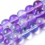 Transparent Spray Painted Glass Bead Strands, with Golden Foil, Round, Blue Violet, 8~9mm, Hole: 1.2~1.5mm, about 46~56pcs/Strand, 14.37 inch~16.3 inch(36.5~41.4cm)(GLAA-N035-03C-B03)