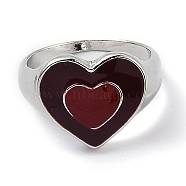 Alloy Enamel Finger Rings, Heart, Platinum, Dark Red, US Size 7, Inner Diameter: 17.8mm(RJEW-H539-06D-P)
