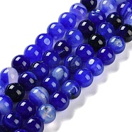 Natural Striped Agate/Banded Agate Beads Strands, Dyed, Round, Blue, 10mm, Hole: 1.2mm, about 19pcs/strand, 7.60''(19.3cm)(G-Z060-A01-C24)