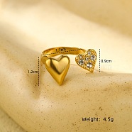 Heart 304 Stainless Steel Micro Pave Cubic Zirconia Open Cuff Rings, for Women, Golden, Inner Diameter: 17mm(RJEW-S415-01G-01)