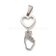 304 Stainless Steel Pendants, Gesture for Finger Heart Charms, Stainless Steel Color, 29mm, Hole: 7x4mm, heart: 16x11.5x1mm, hand: 14x8.5x1mm(STAS-K243-16P)