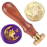 Golden Plated Brass Sealing Wax Stamp Head, with Wood Handle, for Envelopes Invitations, Gift Cards, Cat Shape, 83x22mm, Head: 7.5mm, Stamps: 25x14.5mm(AJEW-WH0208-920)