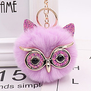 Pom Pom Ball Keychain, with KC Gold Tone Plated Alloy Lobster Claw Clasps, Iron Key Ring and Chain, Owl, Plum, 12cm(KEYC-PW0002-033S)