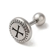 304 Stainless Steel Stud Earrings, Barbell Cartilage Earrings, Flat Round with Cross, Antique Silver, 7.8mm(EJEW-K260-01AS)