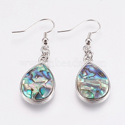 Natural Abalone Shell/Paua Shell Dangle Earrings, with Platinum Tone Brass Findings, teardrop, Colorful, 47mm, Pin: 0.7mm(EJEW-F158-A02)