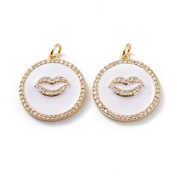 Brass Micro Pave Clear Cubic Zirconia Pendants, with White Enamel & Jump Rings, Long-Lasting Plated, Flat Round with Lip, Real 18K Gold Plated, 22x20x2.5mm, Hole: 3mm, Jump Ring: 5x1mm(ZIRC-Z008-13G)