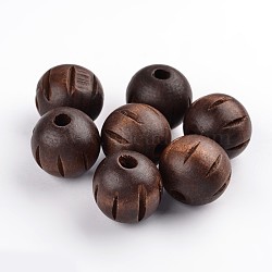 Natural Wood Beads, Lead Free, Dyed, with Carved Pattern, Round, Coffee, 25mm, Hole: 5.5mm(X-WOOD-TB099Y-1)