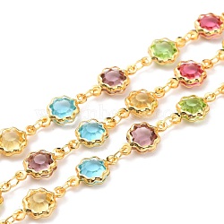Handmade Acrylic Beaded Chains, with Rack Plating Golden Brass Findings and Spool, Long-Lasting Plated, Soldered, Flowers, Colorful, 11.5x7x3mm, about 32.8 Feet(10m)/roll(CHC-I037-02G)