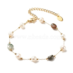 Natural Moss Agate & Pearl Beaded Bracelet, Gold Plated Stainless Steel Jewelry for Women, 7-1/4~7-1/2 inch(18.5~19cm)(BJEW-JB08293-01)