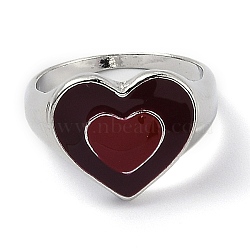 Alloy Enamel Finger Rings, Heart, Platinum, Dark Red, US Size 7, Inner Diameter: 17.8mm(RJEW-H539-06D-P)