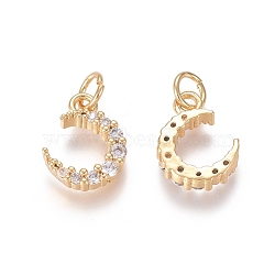 Brass Micro Pave Clear Cubic Zirconia Charms, with Jump Rings, Moon, Golden, 12.5x9x3mm, Jump Ring: 5x0.7mm, Inner Diameter: 3.6mm(ZIRC-I036-02G)