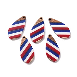 Independence Day Opaque Striped Resin & Walnut Wood Pendants, Geometric Charms, Teardrop, 38x18.3x3.5mm, Hole: 2mm(RESI-U010-02U)