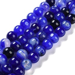 Natural Striped Agate/Banded Agate Beads Strands, Dyed, Round, Blue, 10mm, Hole: 1.2mm, about 19pcs/strand, 7.60''(19.3cm)(G-Z060-A01-C24)