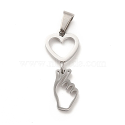 Non-Tarnish 304 Stainless Steel Pendants, Gesture for Finger Heart Charms, Stainless Steel Color, 29mm, Hole: 7x4mm, heart: 16x11.5x1mm, hand: 14x8.5x1mm(STAS-K243-16P)