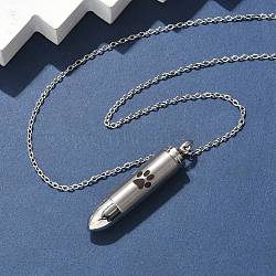 304 Stainless Steel Paw Print Bullet Shape Pet Memorial Keepsake Urn Ashes Pendant Necklaces, Stainless Steel Color, 21.97 inch(55.8cm)(NJEW-P326-03P)