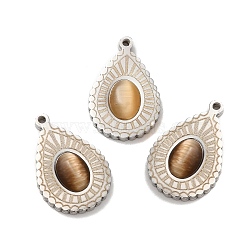 304 Stainless Steel Pendants, with Cat Eye, Teardrop Charm, Stainless Steel Color, 21x13.5x4mm, Hole: 1.4mm(STAS-A080-01P)