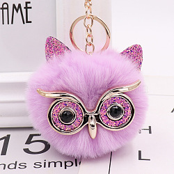 Pom Pom Ball Keychain, with KC Gold Tone Plated Alloy Lobster Claw Clasps, Iron Key Ring and Chain, Owl, Plum, 12cm(KEYC-PW0002-033S)