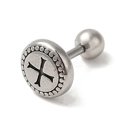 304 Stainless Steel Stud Earrings, Barbell Cartilage Earrings, Flat Round with Cross, Antique Silver, 7.8mm(EJEW-K260-01AS)