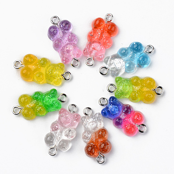 Transparent Resin Links, with Glitter Powder and Platinum Tone Iron Loops, Bear, Mixed Color, 24~25x11x7mm, Hole: 1.8mm