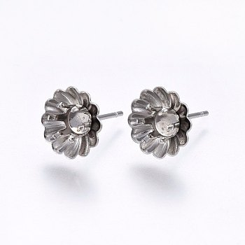 Non-Tarnish 201 Stainless Steel Stud Earring Settings, with 304 Stainless Steel Pin, Flower, Stainless Steel Color, Tray: 5mm, 16x10mm, Pin: 0.8mm