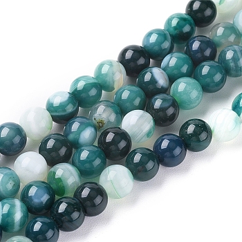 Natural Striped Agate/Banded Agate Beads Strands, Dyed & Heated, Round, Teal, 6mm, Hole: 1mm, about 63pcs/strand, 14.57 inch(37cm)