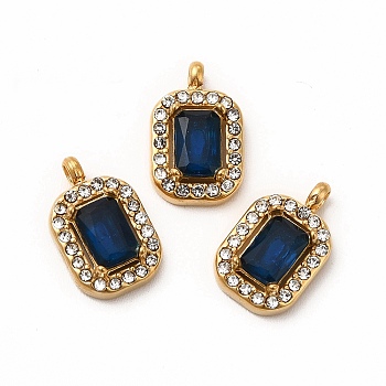 Vacuum Plating 304 Stainless Steel Cubic Zirconia Pendants, with Rhinestone, Rectangle Charms, Medium Blue, 13x8.5x3.5mm, Hole: 1.8mm
