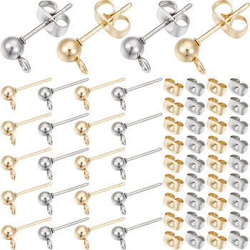 100Pcs 2 Color 304 Stainless Steel Ball Stud Earring Findings, with Loop and 100Pcs Ear Nuts, Golden & Stainless Steel Color, 15x7x4mm, Hole: 1.7mm, Pin: 0.8mm, 50pcs/color