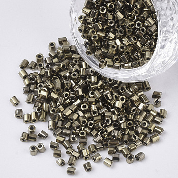 8/0 Two Cut Glass Seed Beads, Hexagon, Metallic Colours, Dark Khaki, 2.5~3x2.5mm, Hole: 0.9mm, about 15000pcs/bag