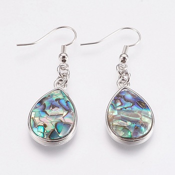 Natural Abalone Shell/Paua Shell Dangle Earrings, with Platinum Tone Brass Findings, teardrop, Colorful, 47mm, Pin: 0.7mm
