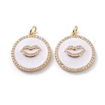 Brass Micro Pave Clear Cubic Zirconia Pendants, with White Enamel & Jump Rings, Long-Lasting Plated, Flat Round with Lip, Real 18K Gold Plated, 22x20x2.5mm, Hole: 3mm, Jump Ring: 5x1mm