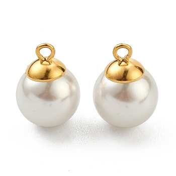 304 Stainless Steel Charms, with White Plastic Imitation Pearl Beads, Golden, 14x10mm, Hole: 1.6mm