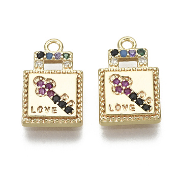 Brass Micro Pave Cubic Zirconia Charms, Nickel Free, Square with Key & Word Love, Colorful, Real 18K Gold Plated, 14x9x1.5mm, Hole: 1.2mm